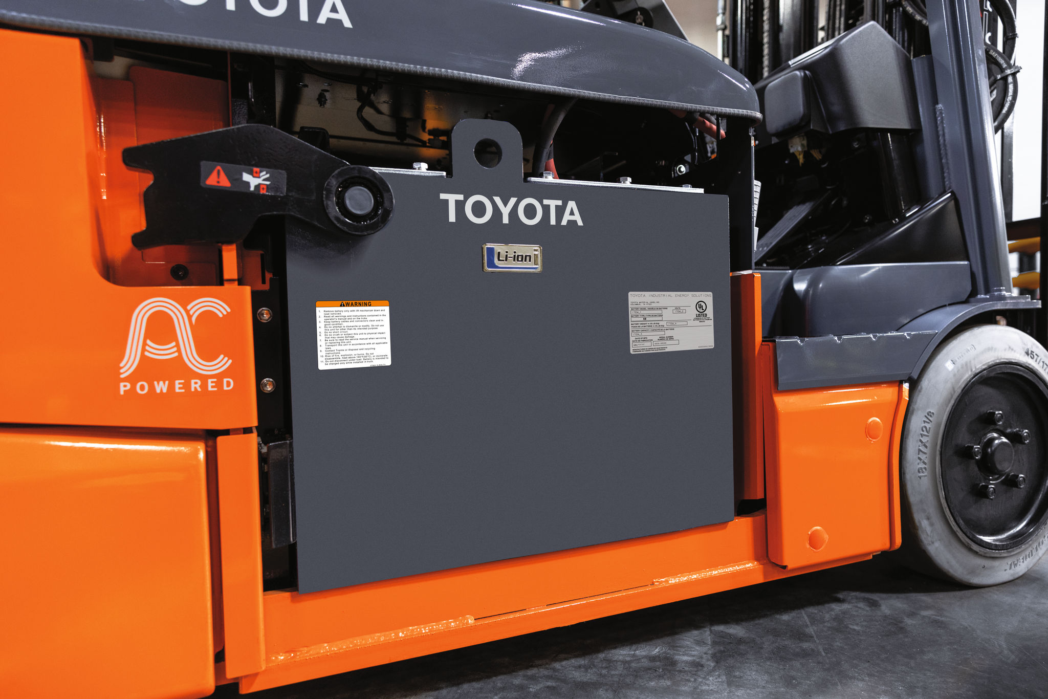 Close up of Toyota battery on forklift with Lithium Ion Badge